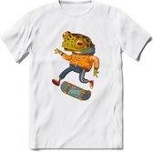 Casual kikker T-Shirt Grappig | Dieren reptiel Kleding Kado Heren / Dames | Animal Skateboard Cadeau shirt - Wit - XXL