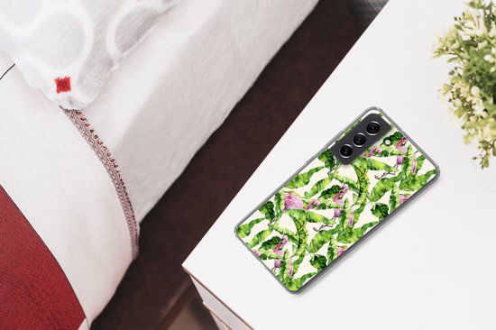 Coque Samsung Galaxy S21 FE - Flamingo - Feuilles - Motifs - Étui de téléphone en Siliconen
