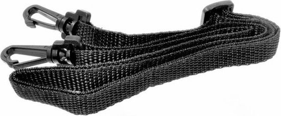 Zwart nylon draagkoord met karabijnsluitingen.