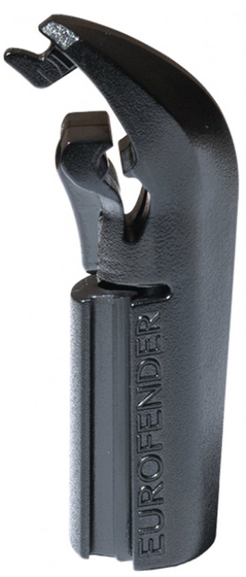 Zwarte Eurofender spatbordclip met "EUROFENDER" in reliëf.