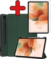 Hoes Geschikt voor Samsung Galaxy Tab S7 FE Hoes Book Case Hoesje Trifold Cover Met Uitsparing Geschikt voor S Pen Met Screenprotector - Hoesje Geschikt voor Samsung Tab S7 FE Hoesje Bookcase - Donkergroen
