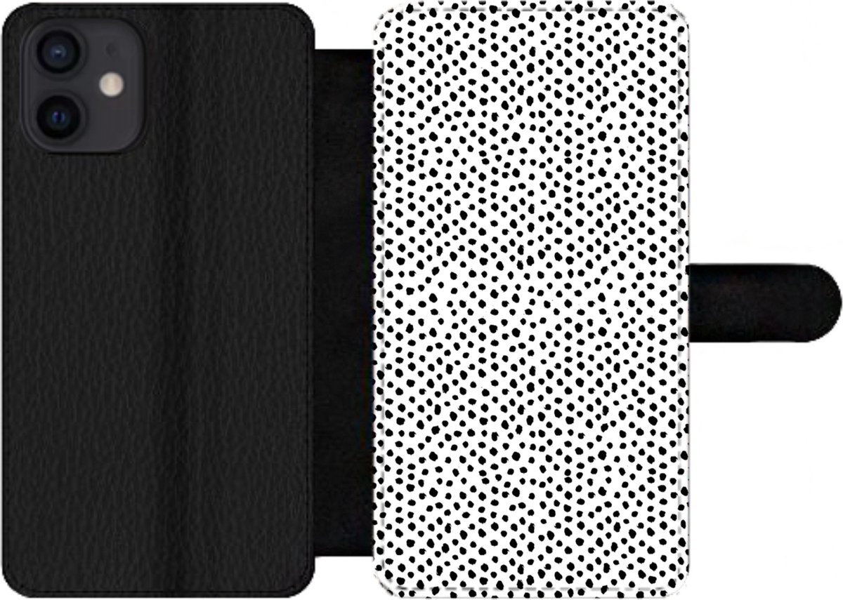 Bookcase Geschikt voor iPhone 12 Mini telefoonhoesje - Stippen - Zwart - Wit - Met vakjes - Wallet case met magneetsluiting