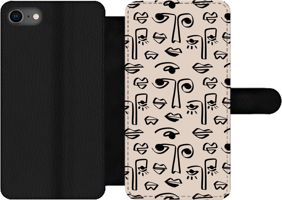 Telefoonhoesje Geschikt voor iPhone 8 telefoonhoesje - Patronen - Lippen - Line art - Met vakjes - Wallet case met magneetsluiting