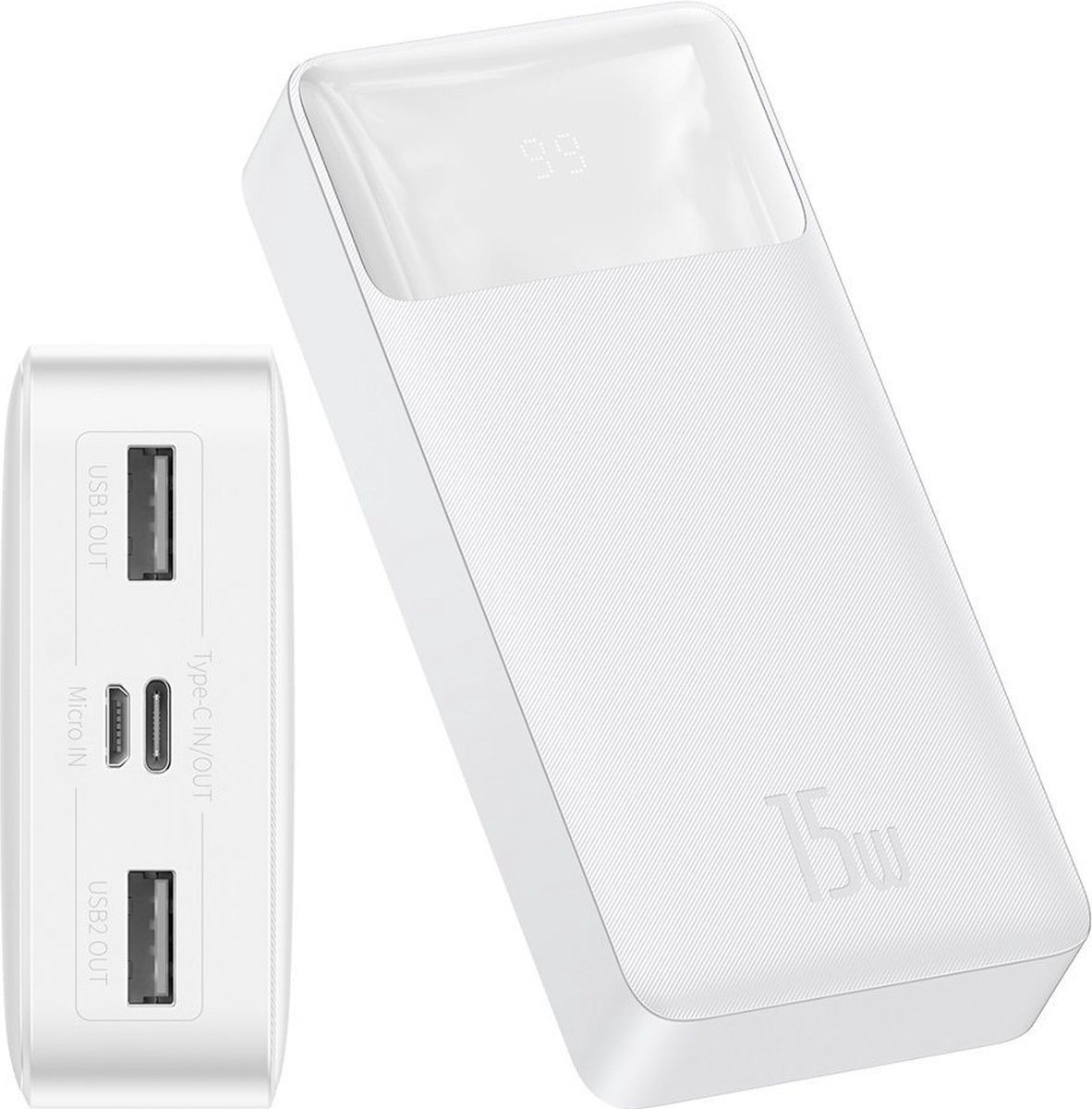 Baseus Bipow 20.000 mAh Powerbank | Reisformaat Met Display Wit | 15W USB-C & USB-A | Geschikt voor Samsung iPhone en smartphones