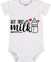 Baby Rompertje met tekst 'But first milk' |Korte mouw l | wit zwart | maat 50/56 | cadeau | Kraamcadeau | Kraamkado