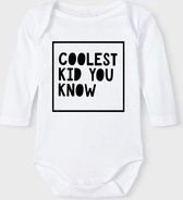 Baby Rompertje met tekst 'Coolest kid you know' |Lange mouw l | wit zwart | maat 50/56 | cadeau | Kraamcadeau | Kraamkado