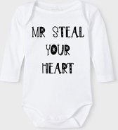 Baby Rompertje met tekst 'Mr steal youre heart' |Lange mouw l | wit zwart | maat 50/56 | cadeau | Kraamcadeau | Kraamkado