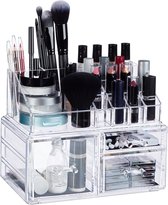 Relaxdays 1x make up organizer met 3 lades - acryl make up toren - doorzichtig - 16 vakken