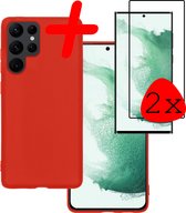 Hoes Geschikt voor Samsung S22 Ultra Hoesje Siliconen Back Cover Case Met 2x Screenprotector - Hoesje Geschikt voor Samsung Galaxy S22 Ultra Hoes Cover Hoesje - Rood