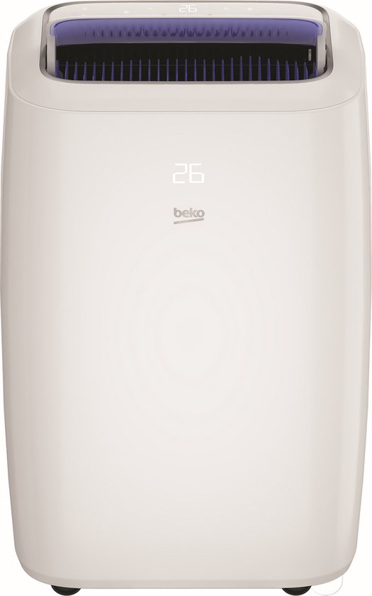 Frontaal aanzicht van een witte Beko airconditioner met een digitaal display met '26'.