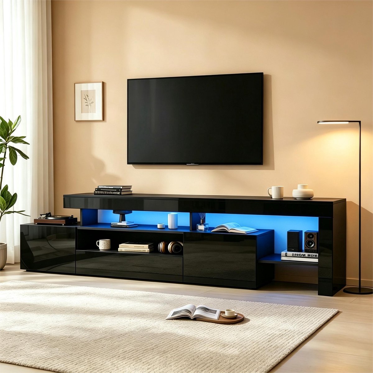 PHOEBE CAT Hoogglans TV-meubel - LED-verlichting - 192 × 37 × 53 cm - Geschikt voor TV's tot 85 inch - Zwart