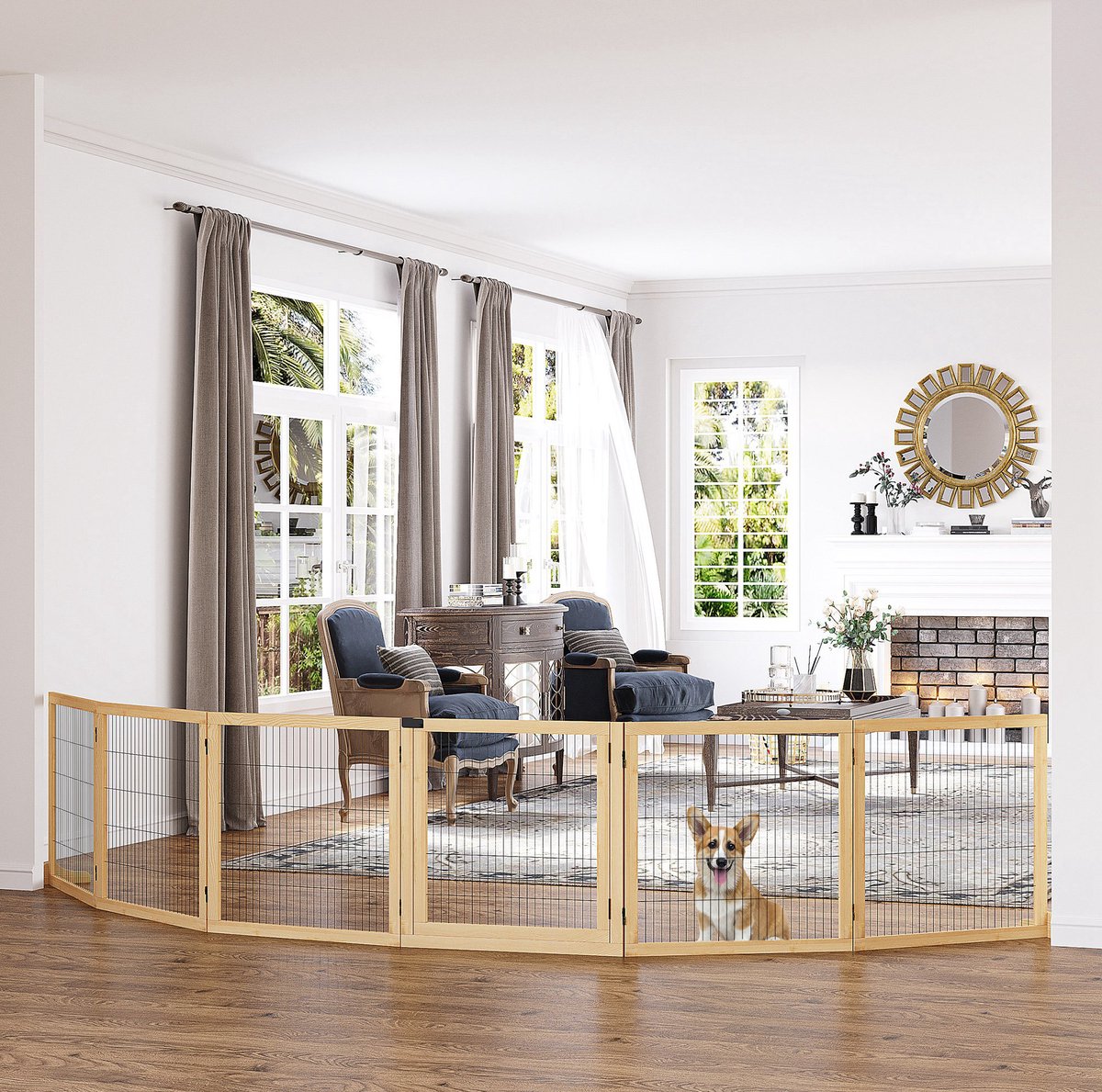 COVREO Hondenhek 432 x 36 x 70 cm, hout en metaal, opvouwbaar met steunvoeten