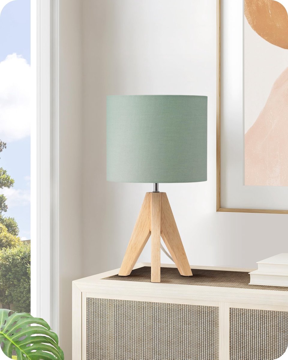 Omgoods - Vintage Tafel Lamp met Houten Driepoot en Groene Linnen Lampenkap