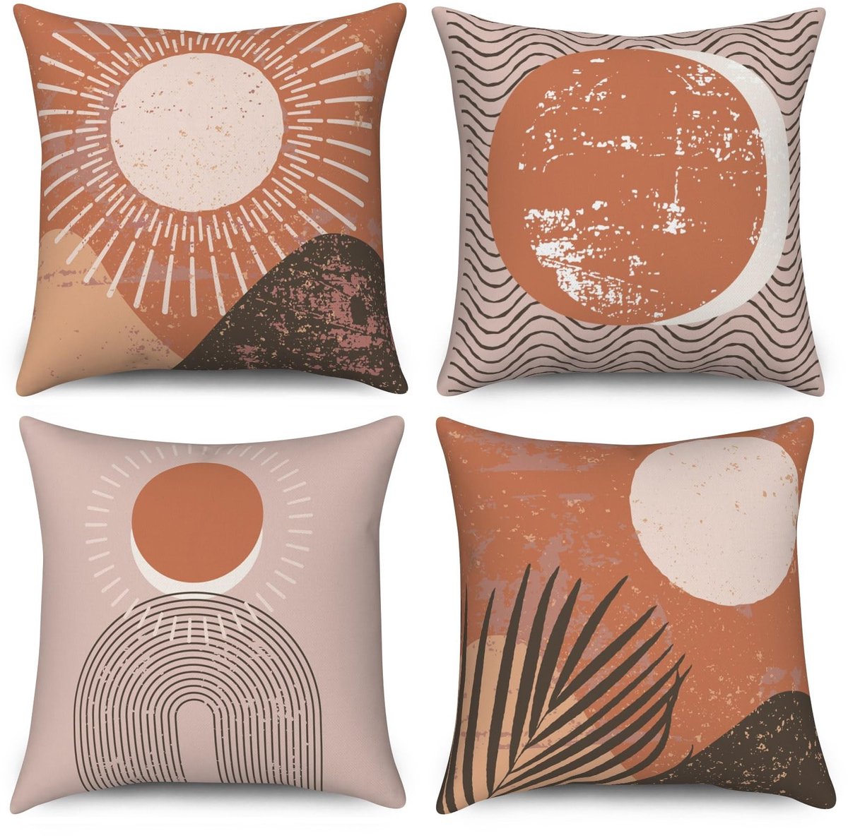 Omgoods - Boho Kussenhoezen Set van 4 met Abstracte Zon en Bladeren