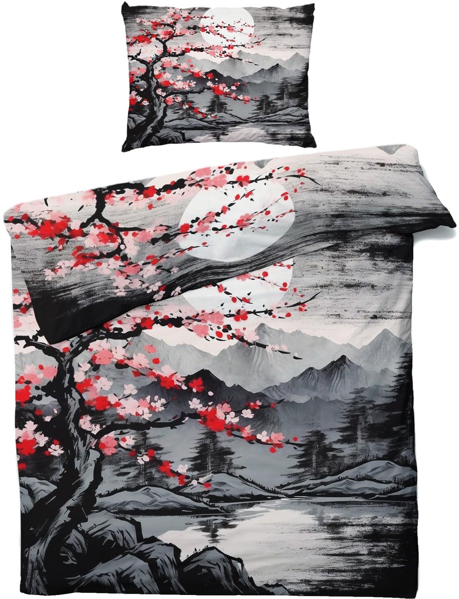 Omgoods - Japanse Bedlinnen Set - Kersenbloesem en Bergen, 135 x 200 cm
