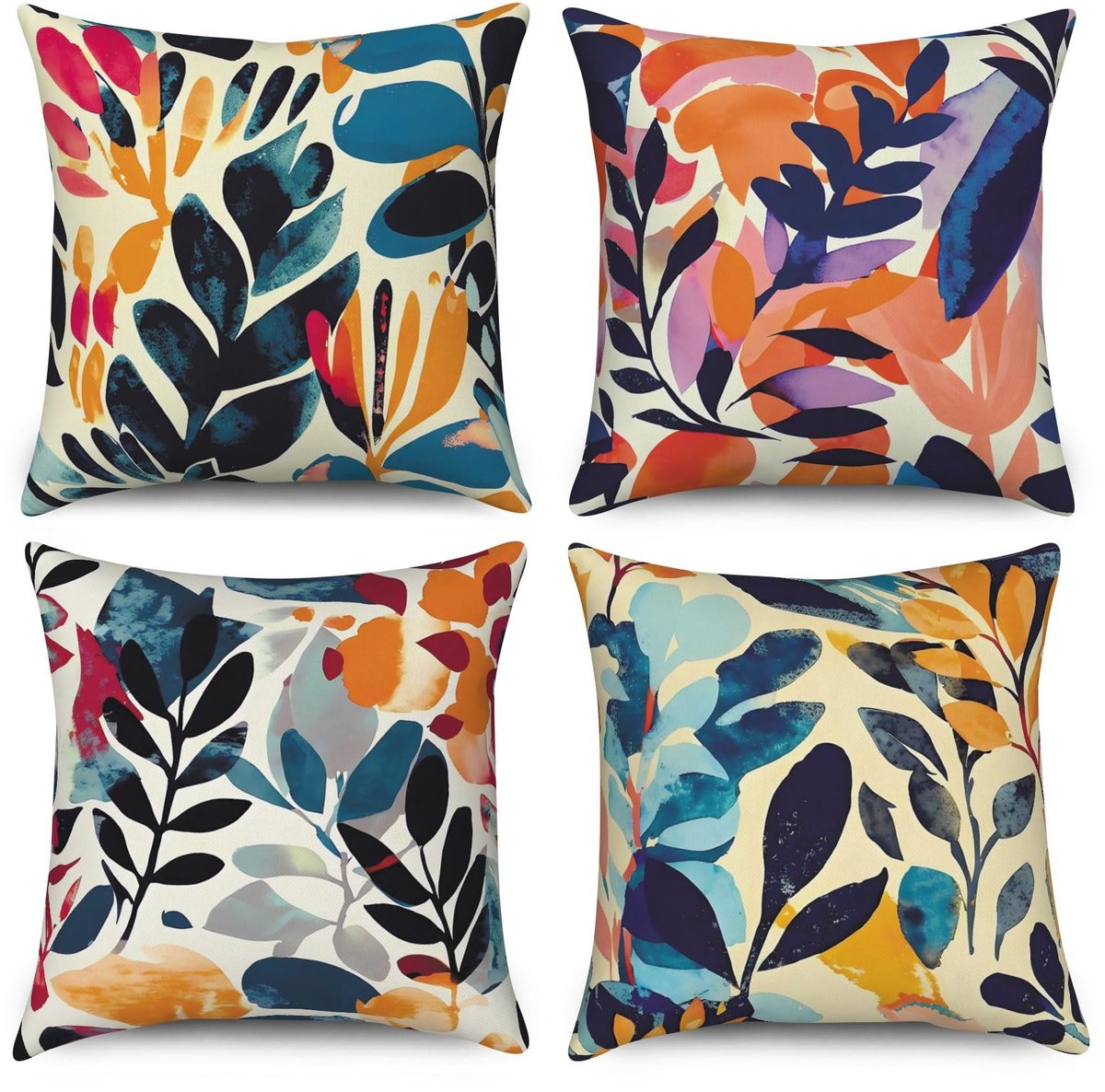 SnelShoppen - Cushionset 40x40 cm - Set van 4, Moderne Kunst Graffiti Bladeren, Kleurrijke Decoratieve Kussens, Wasbare Polyester, Geschikt voor Binne