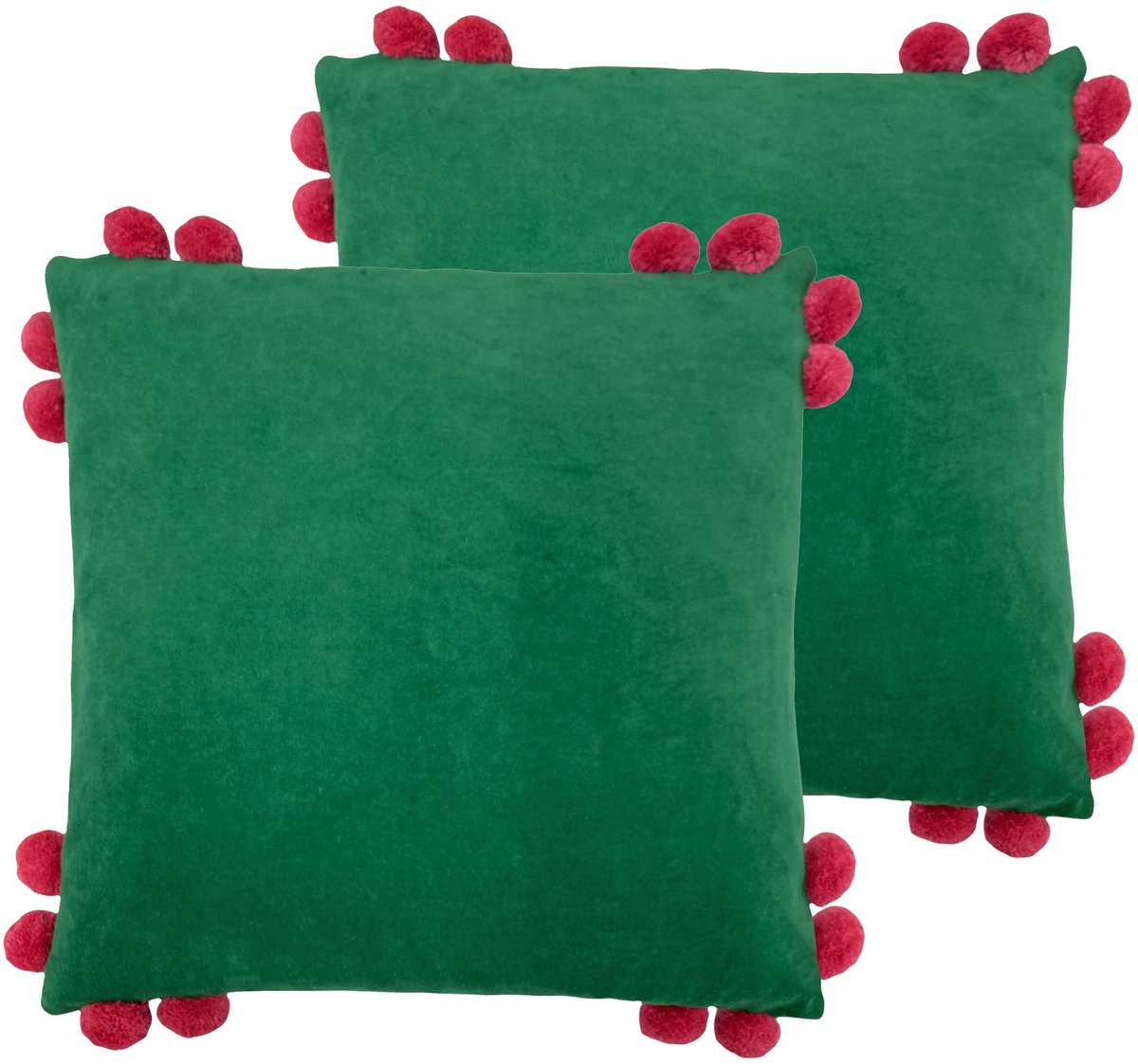 Omgoods - Decoratieve Kussenset met Pompons - 45x45cm - Emerald/Raspberry - 2 Stuks