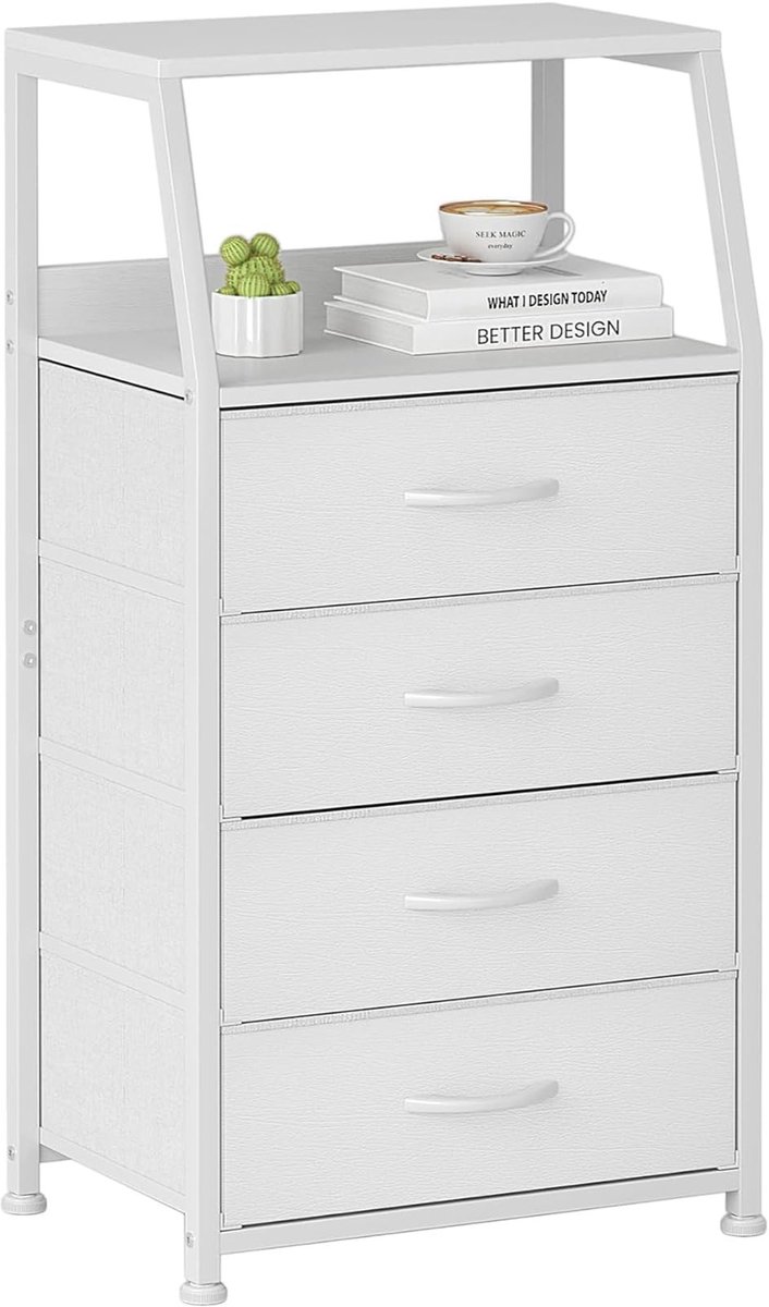 Omgoods - Wit Bedside Table met 4 Lades en Metalen Frame