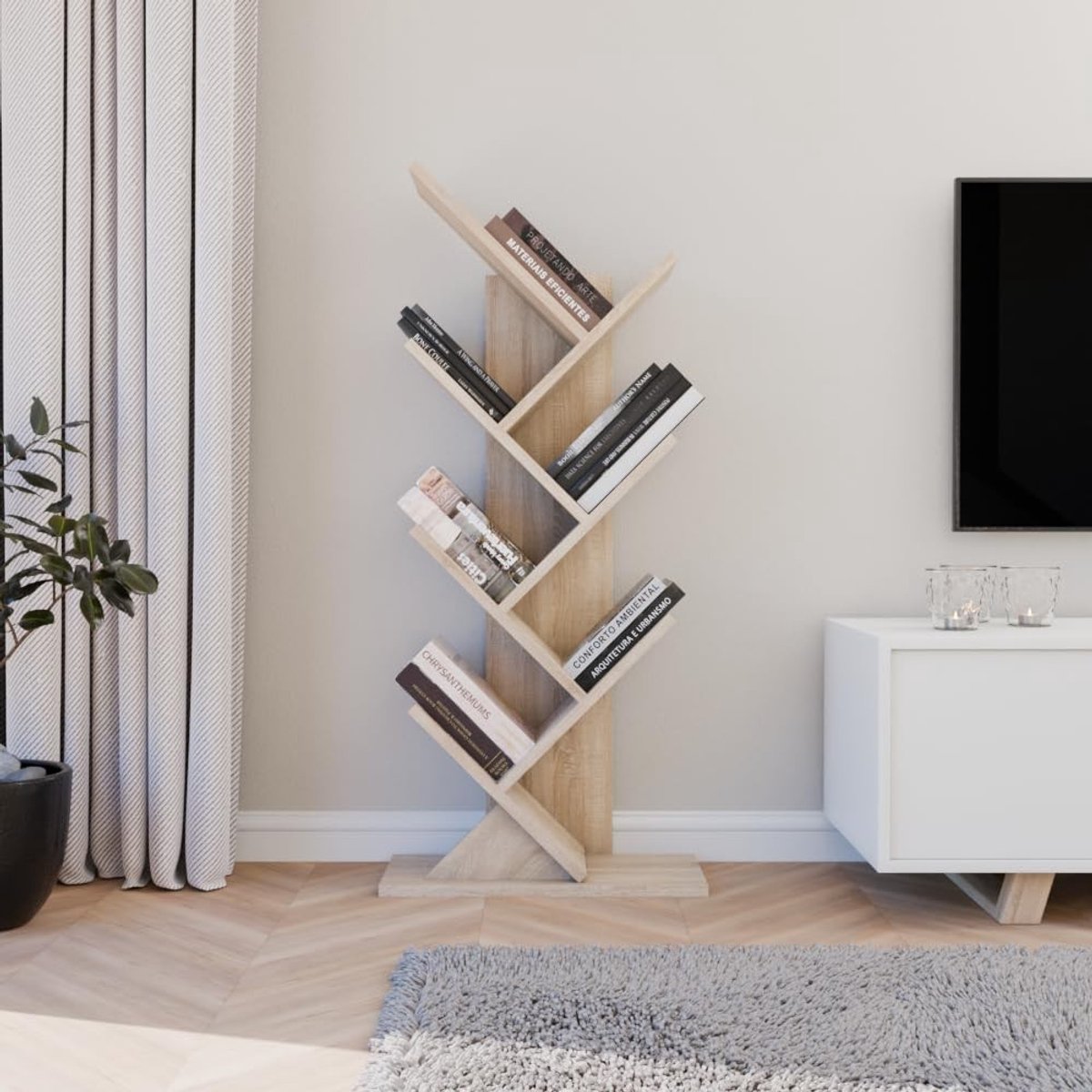 Omgoods - Boom Boekenplank met 7 Planken - Vloerstaand Opbergrek voor Woonkamer en Kantoor