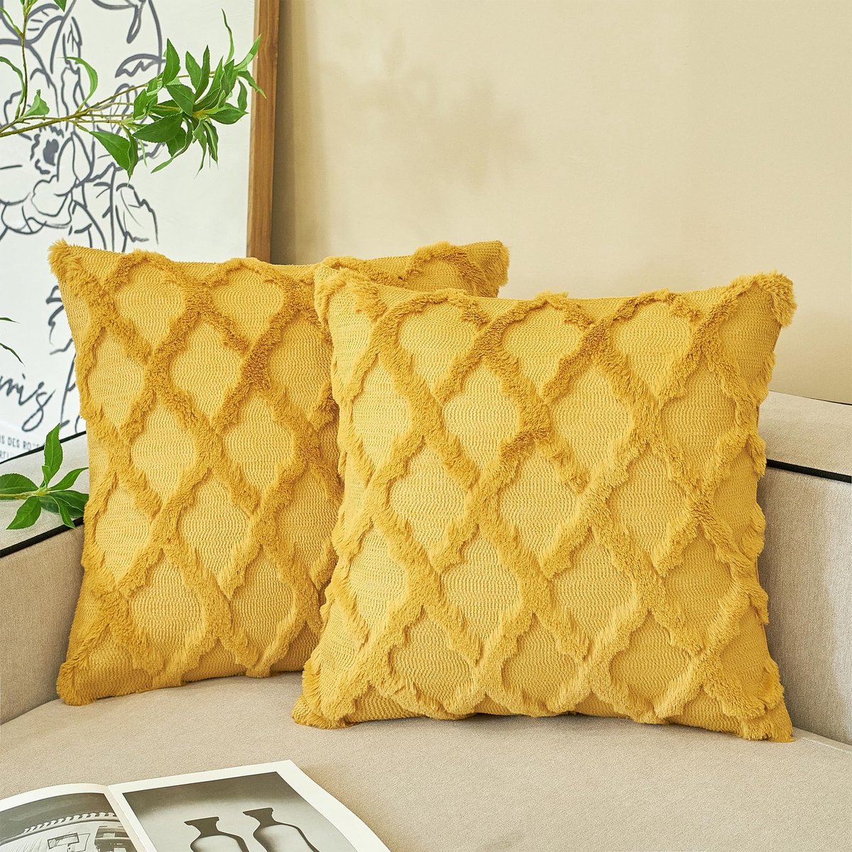 Omgoods - Set van 2 Boho Deco Kussenhoezen 50 x 50 cm - Mosterdgele Decoratieve Kussens voor Sofa