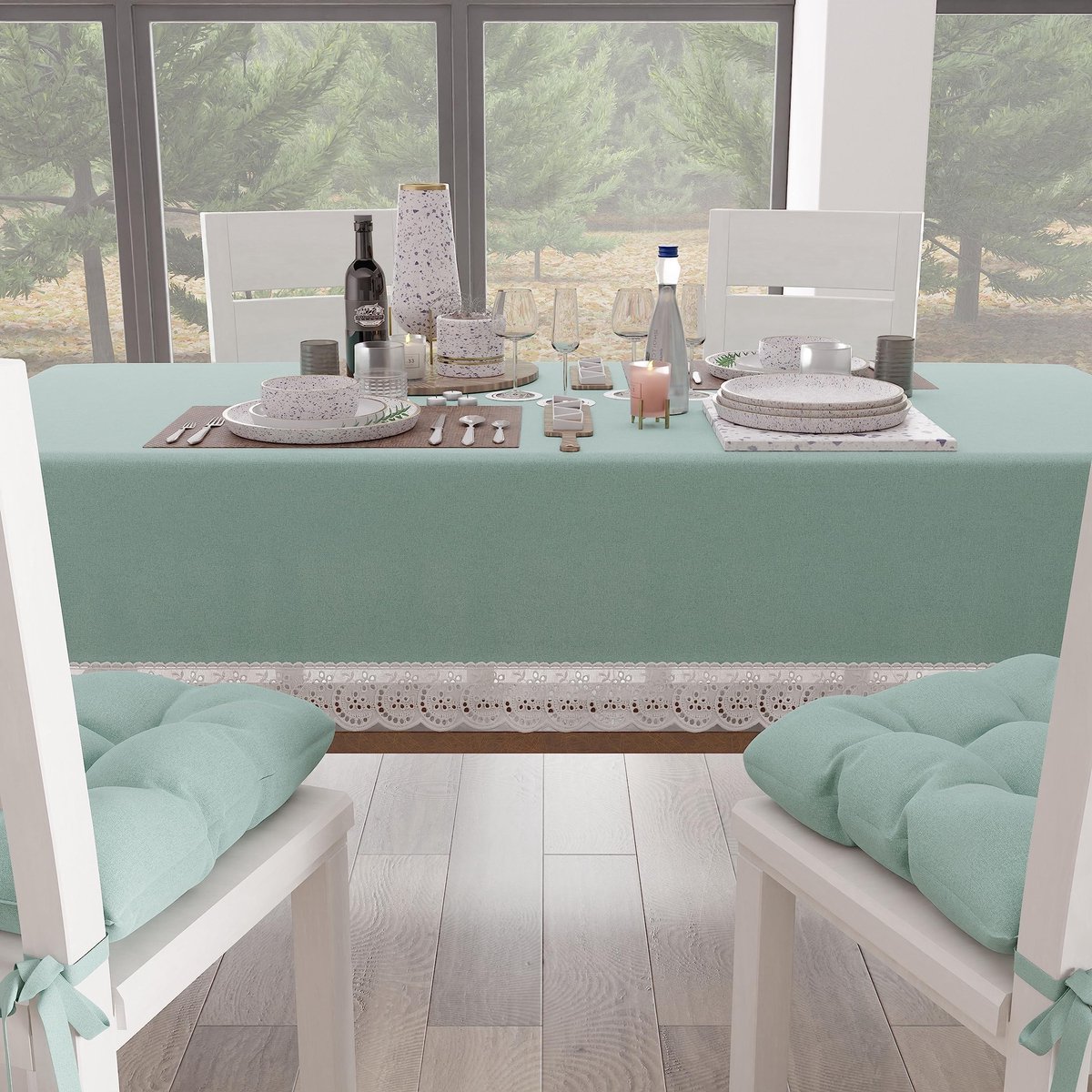 Omgoods - Rectangulair Tafelkleed van Katoen met Sangallo Kant 240 x 140 cm in Aqua