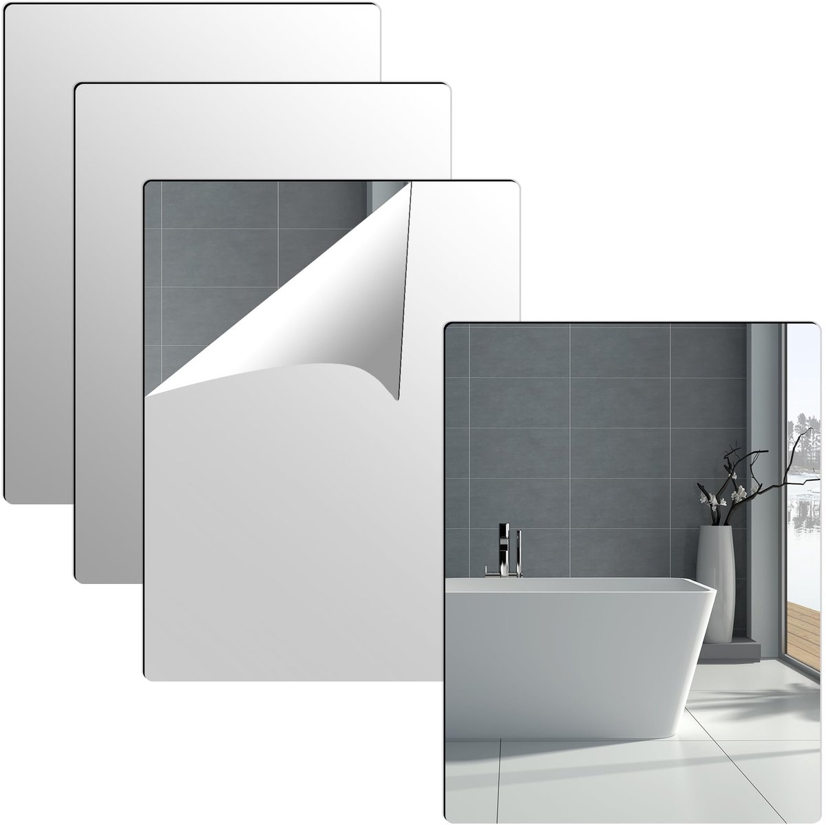 Omgoods - Set van 4 Zelfklevende Spiegeltegels voor Wanddecoratie