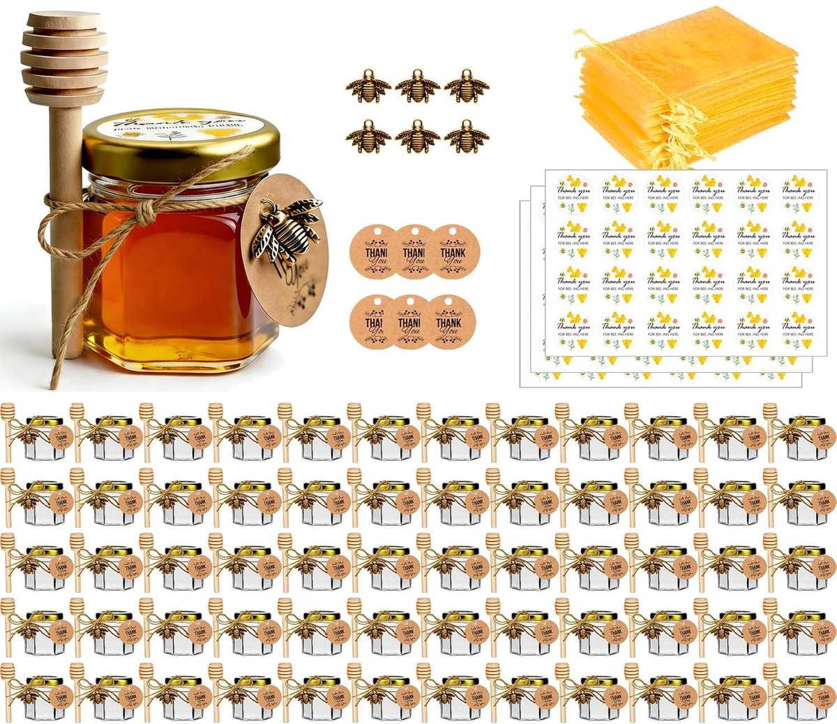 Omgoods - Set van 60 Glazen Honingpotjes 40ml met Dipper
