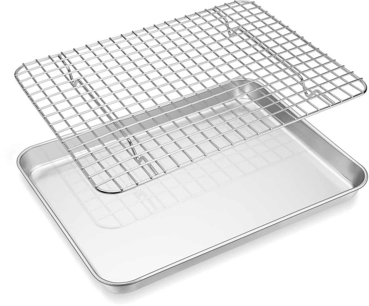 Omgoods- Bakplaat met Koelrek - Roestvrij Stalen Ovenschaal - Rechthoekig - 31,4 x 24,6 x 2,5 cm - Vaatwasmachinebestendig - Niet-giftig