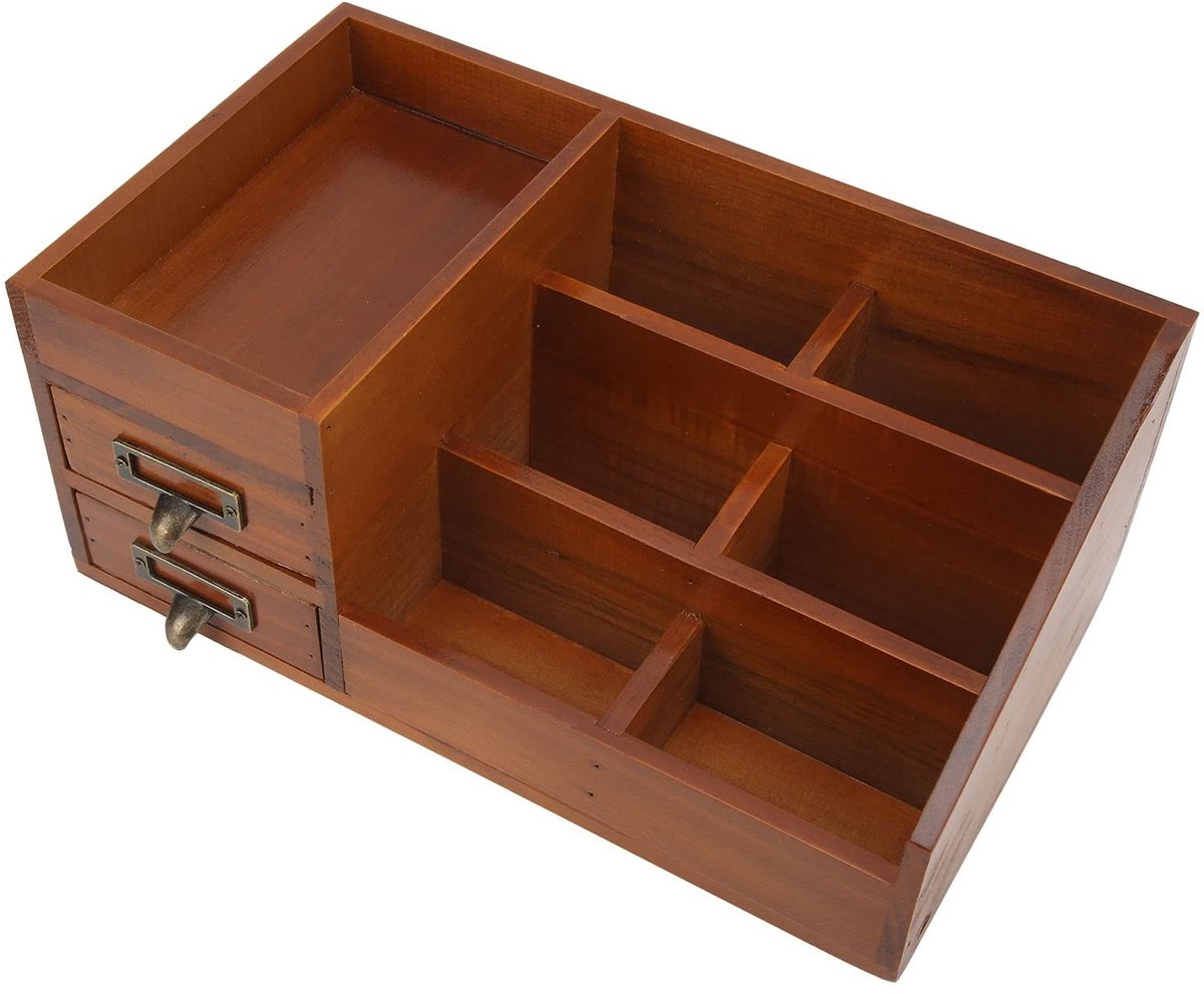 Omgoods- Bureau-organizer Eco-vriendelijk Hout - 2 Lades - 6 Scheidingswanden - Multifunctioneel - Grote Capaciteit - Retrostijl - Opbergdoos