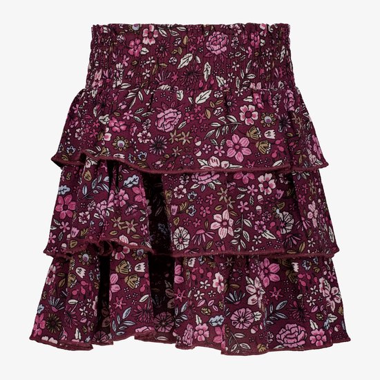 Paarse rok met ruches en bloemenprint in roze en wit, met elastische tailleband.