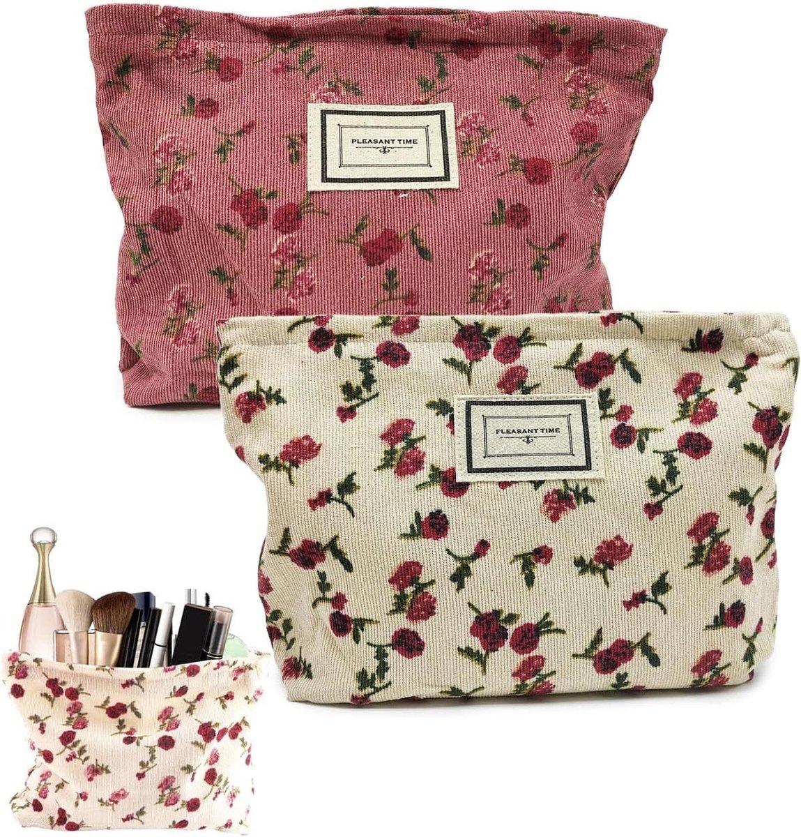 Set van 2 Roze Make-up Tassen met Bloemenprint - Cosmetica- en Toilettas, Draagbaar en Met Rits voor Vrouwen en Meisjes