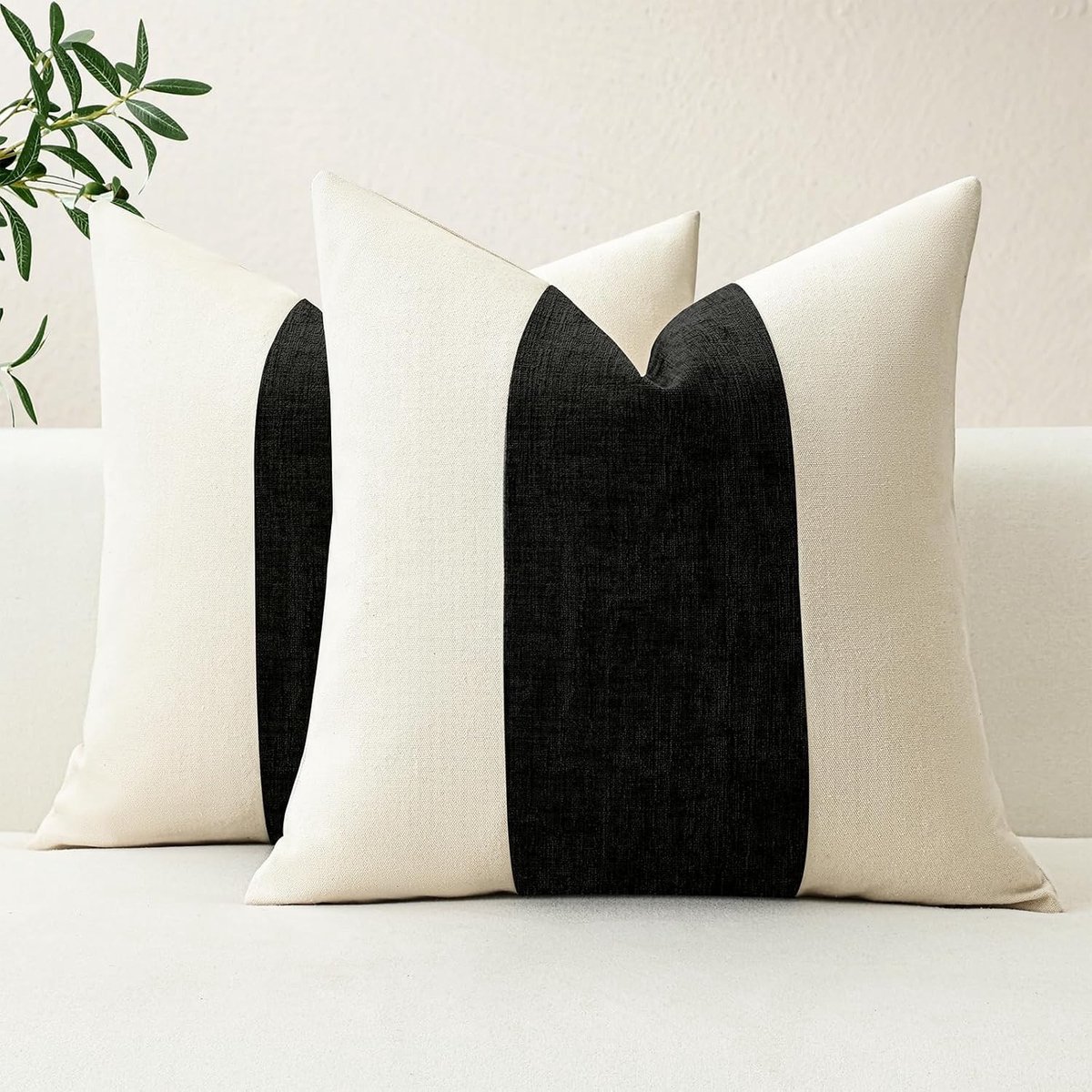 Set van 2 Geometrische Kussenhoezen van Katoen en Linnen voor Woonkamer en Slaapkamer - Zacht en Decoratief 50x50cm Zwart