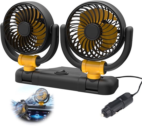 SnelShoppen - Autoventilator 12V Dubbele Kop 360 Graden Draaibaar Draagbaar met 2 Snelheden Sterke Wind Voor Vrachtwagen SUV Camper