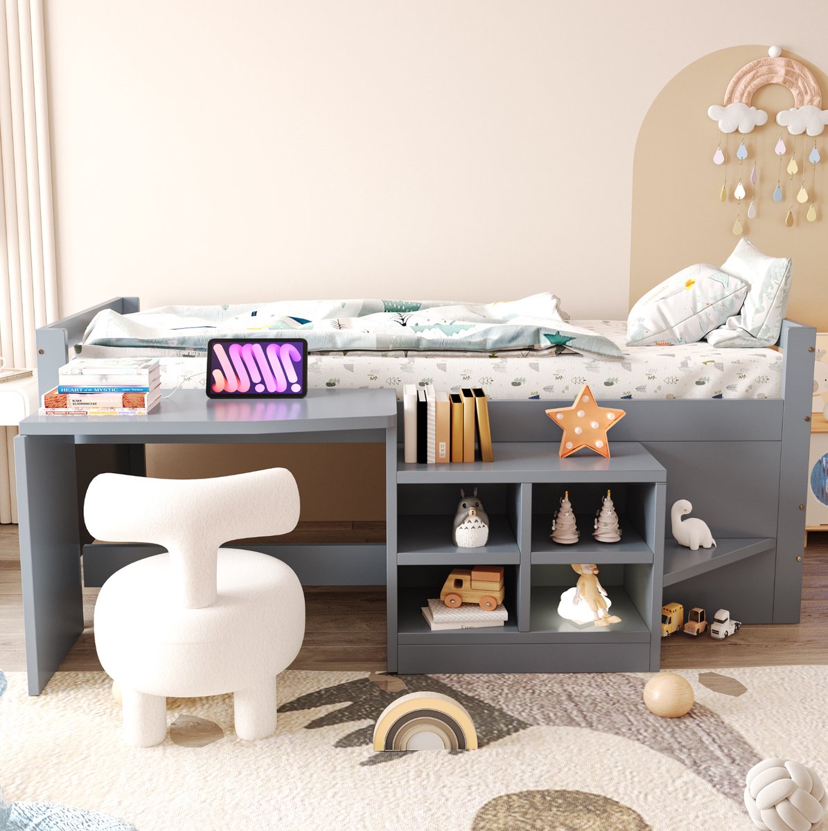 COVREO Kinderbed met bureau en opbergkasten – 90x200 cm – Eenpersoonsbed met USB en stopcontact – Multifunctiebed voor kinderkamer – Grijs - zonder matras