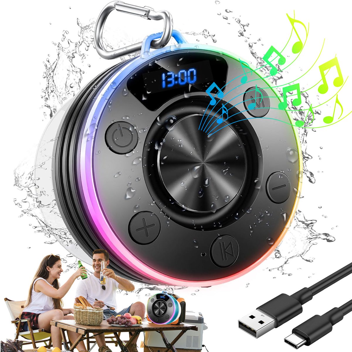 Waterdichte Bluetooth Speaker IPX7 - RGB Verlichting & LED Tijdweergave - 800mAh & 8 Uur Speeltijd - Stereo Sound & Handsfree Bellen - Zuignap & Haak - Voor Douche, Badkamer & Camping