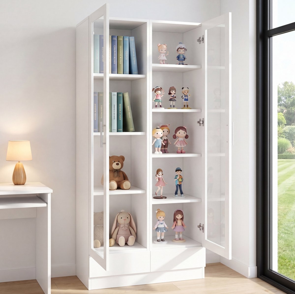 MODENUIT Vitrinekast - Glazen Deuren En 2 Lades - Voor Woonkamer En Kantoor - MDF En Glas - 80x40x160 Cm - Wit