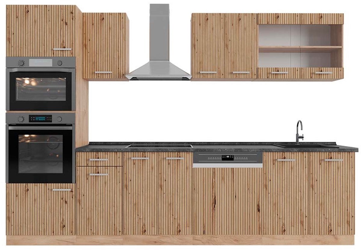 Vicco R-Line Complete keukeneenheid – 300 cm met hoge kast, WB Antraciet Artisanaal eiken/Goudkraft eiken
