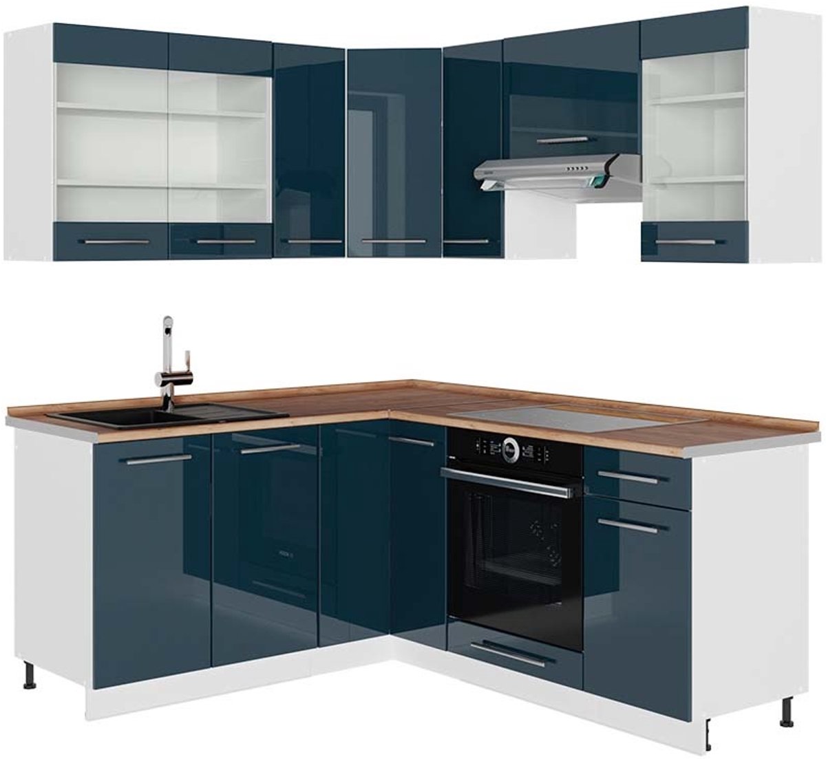 Vicco Keukenkasten Fame-Line, Donkerblauw hoogglans/Wit, 190 x 160 cm, WB Eik