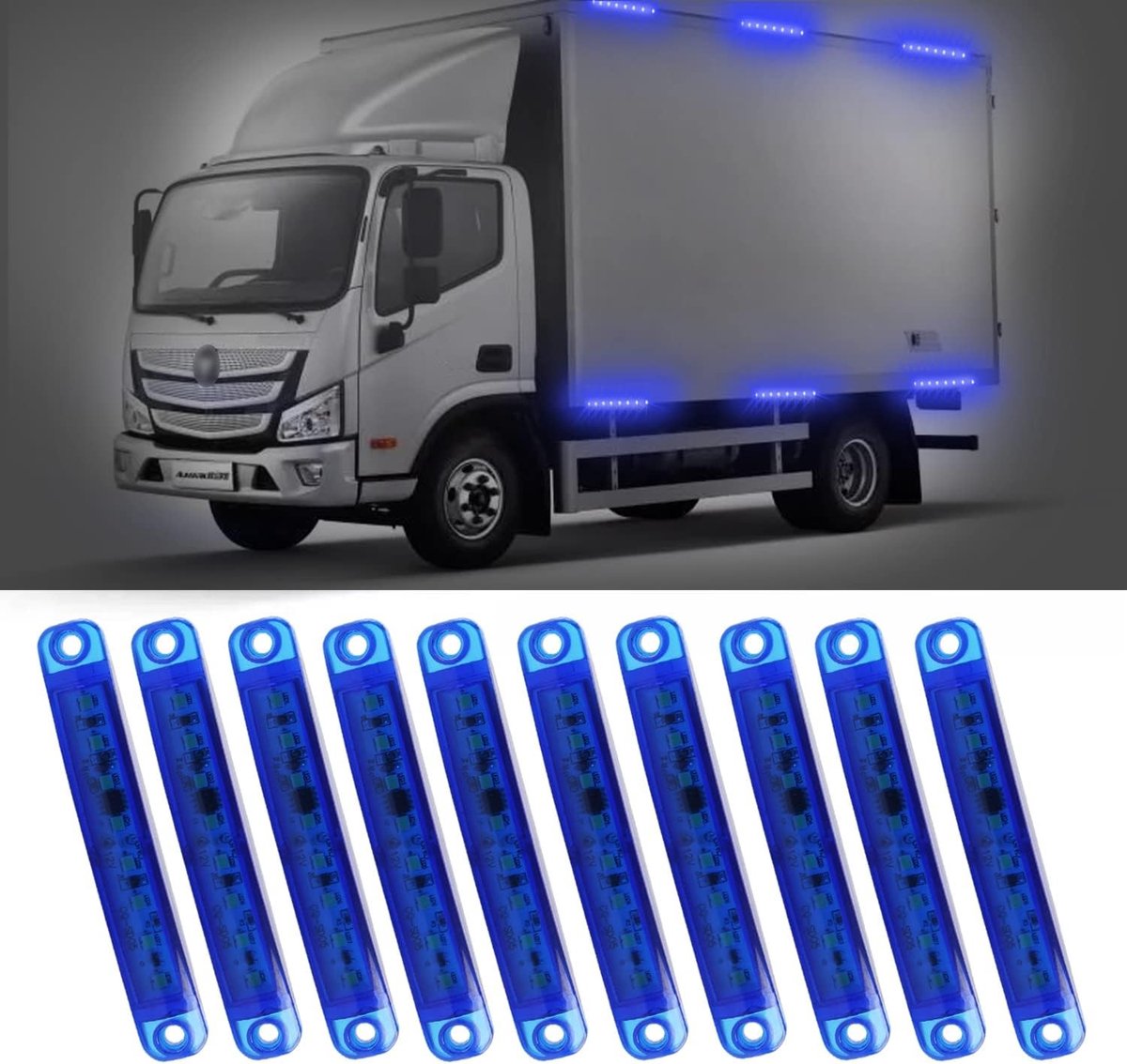Set van 10 zijtemplate lampen met 8 LED's, 12-24V knipperlichten voor vrachtwagen, aanhangwagen, camper en boot (blauw)