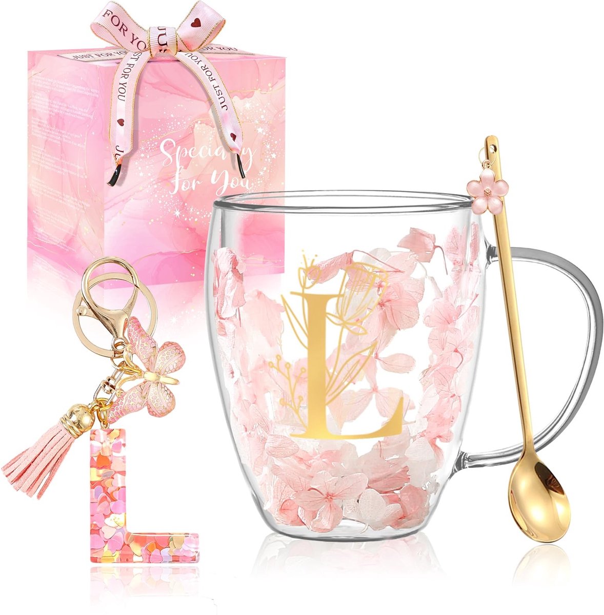 Omgoods- Koffiemokken Dubbelwandig - Hittebestendig Borosilicaat Glas - Met Initialen - Voor Warme/Koude Dranken - Cadeau voor Vrouwen - Schattige Bloemen Design - Theekopjes