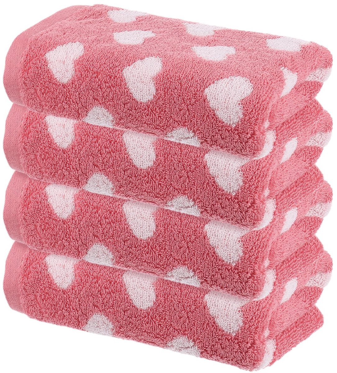 Omgoods - Set van 4 Katoenen Handdoeken 33x74 cm - Zacht en Absorberend Hartjes Roze