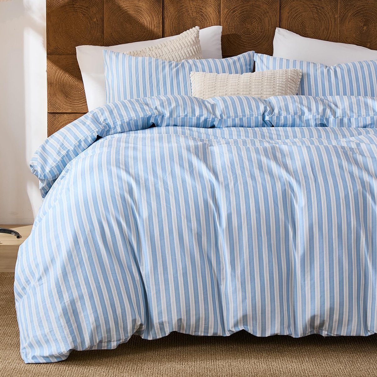 Omgoods - Enkele Dekbedovertrekset met Blauw/Witte Streep, 100% Katoen