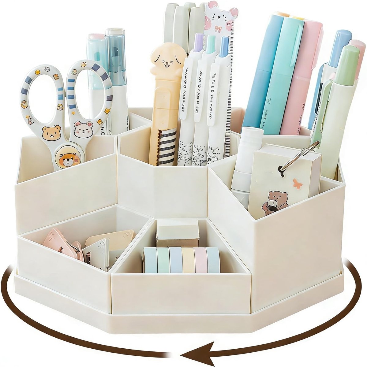 Omgoods- Pennenhouder 360 Graden Draaibaar - Bureau Organizer - Grote Capaciteit - 9 Vakken - Voor Kantoor/Thuis - Kunststof, Blanco - Pennenbak