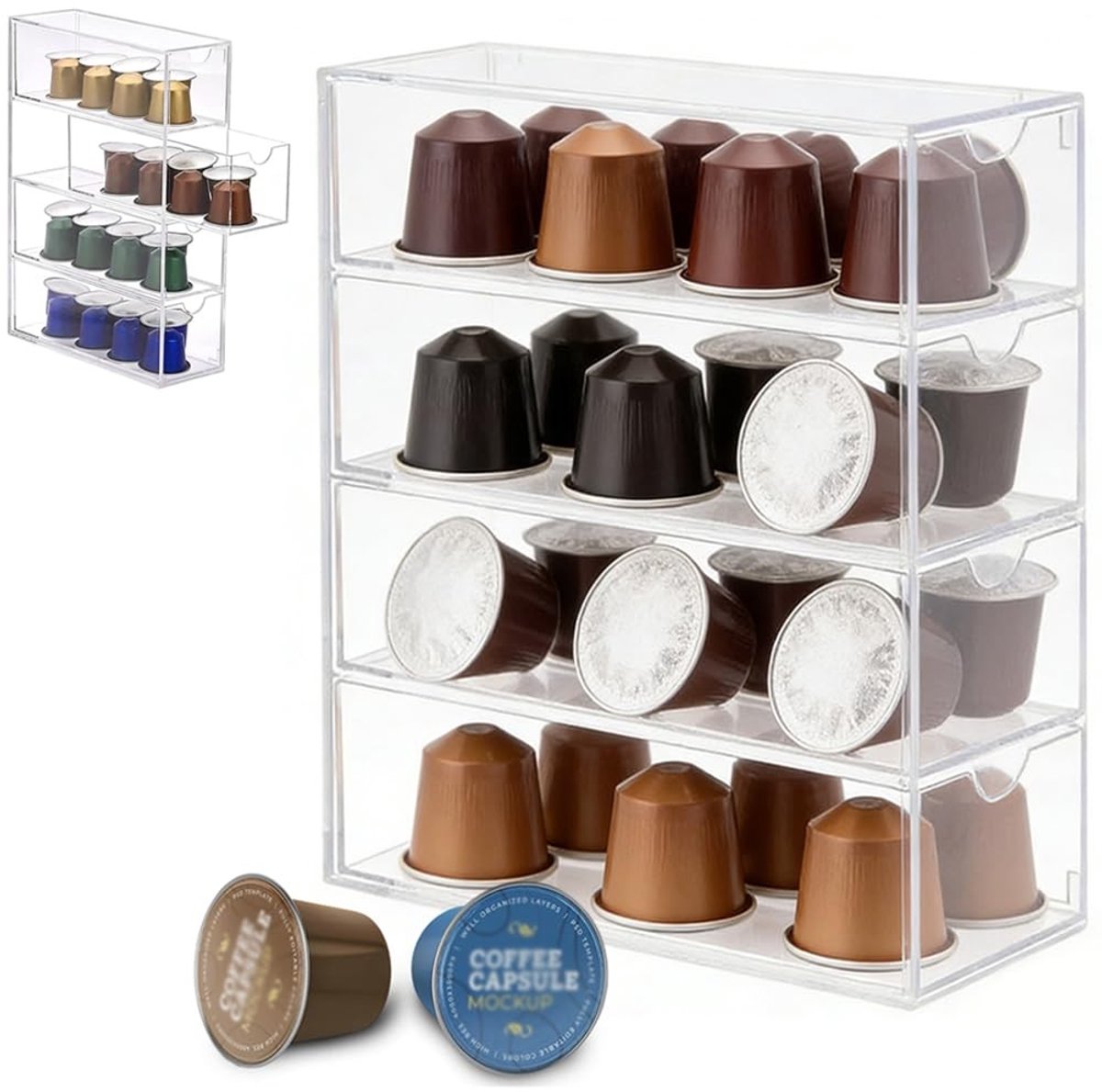 Omgoods - Transparante Opberglade voor Koffiecapsules met 4 Laden