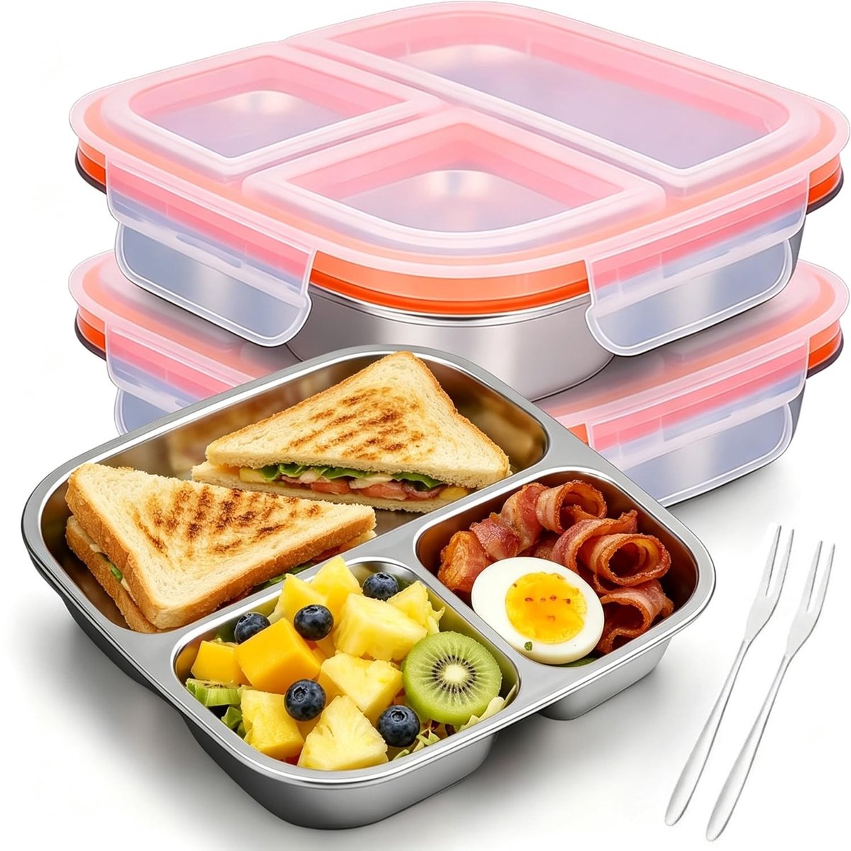 Omgoods - Snack Box met 3 Compartimenten - 600 ml, Lekvrije Bento Box voor Kinderen en Volwassenen (2 Stuks)