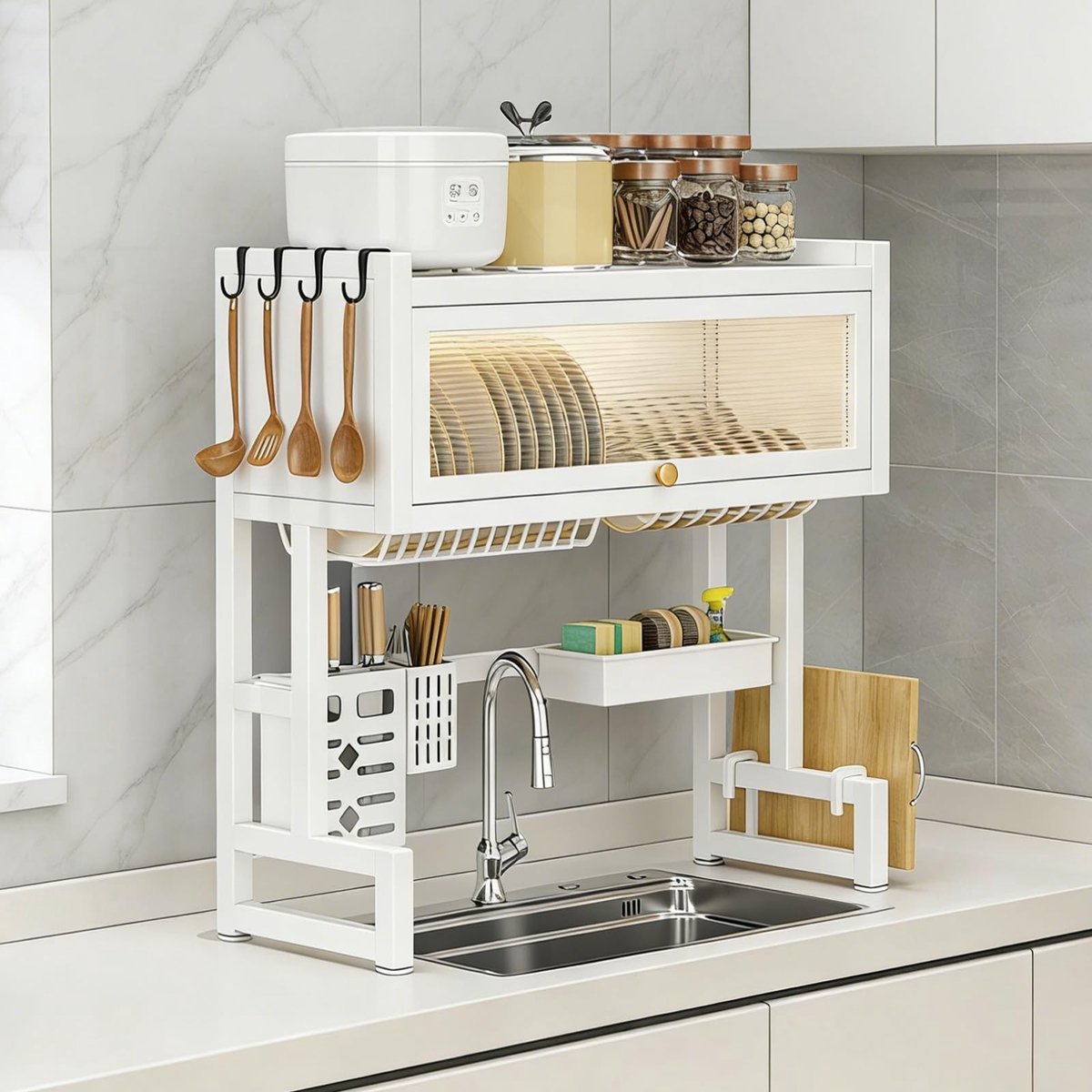 Omgoods - Groot Afdruiprek met Afdekking - Ruimtebesparende Servies-organizer voor Keuken (Wit, 75 cm)