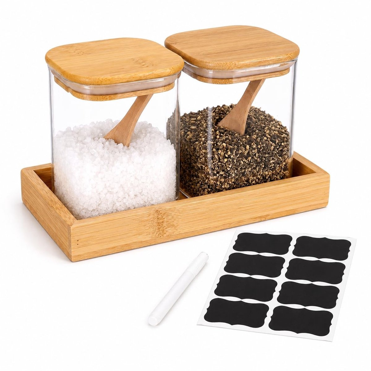 Omgoods - Set van 2 Kruidenpotjes met Bamboedeksel en Dienblad