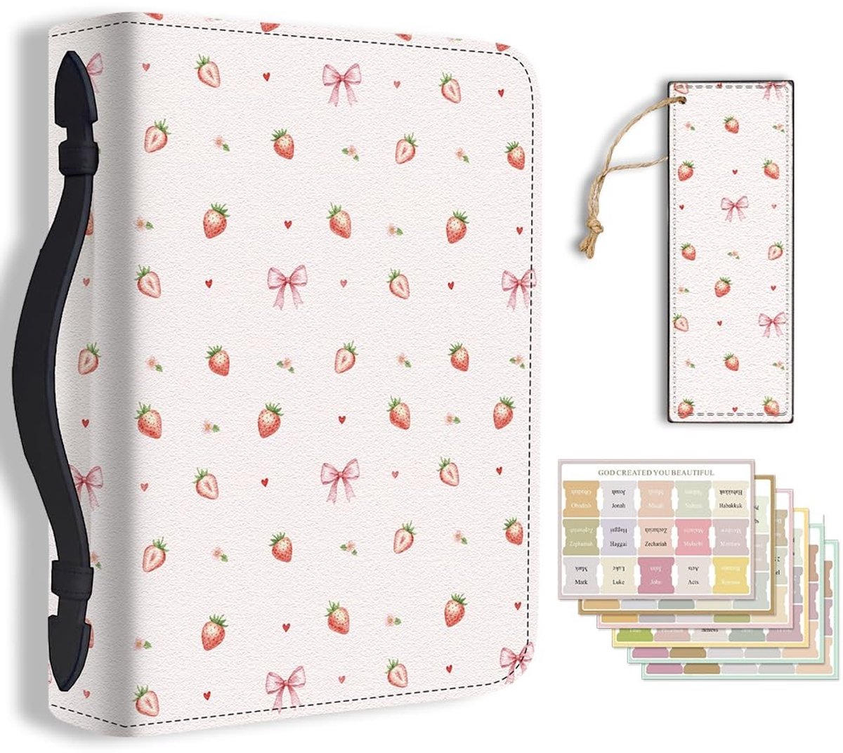 Omgoods - Schattige Roze Aardbei Bijbelhoes met Bladwijzer en Labelstickers - Voor Bijbels tot 20 x 28 x 6 cm
