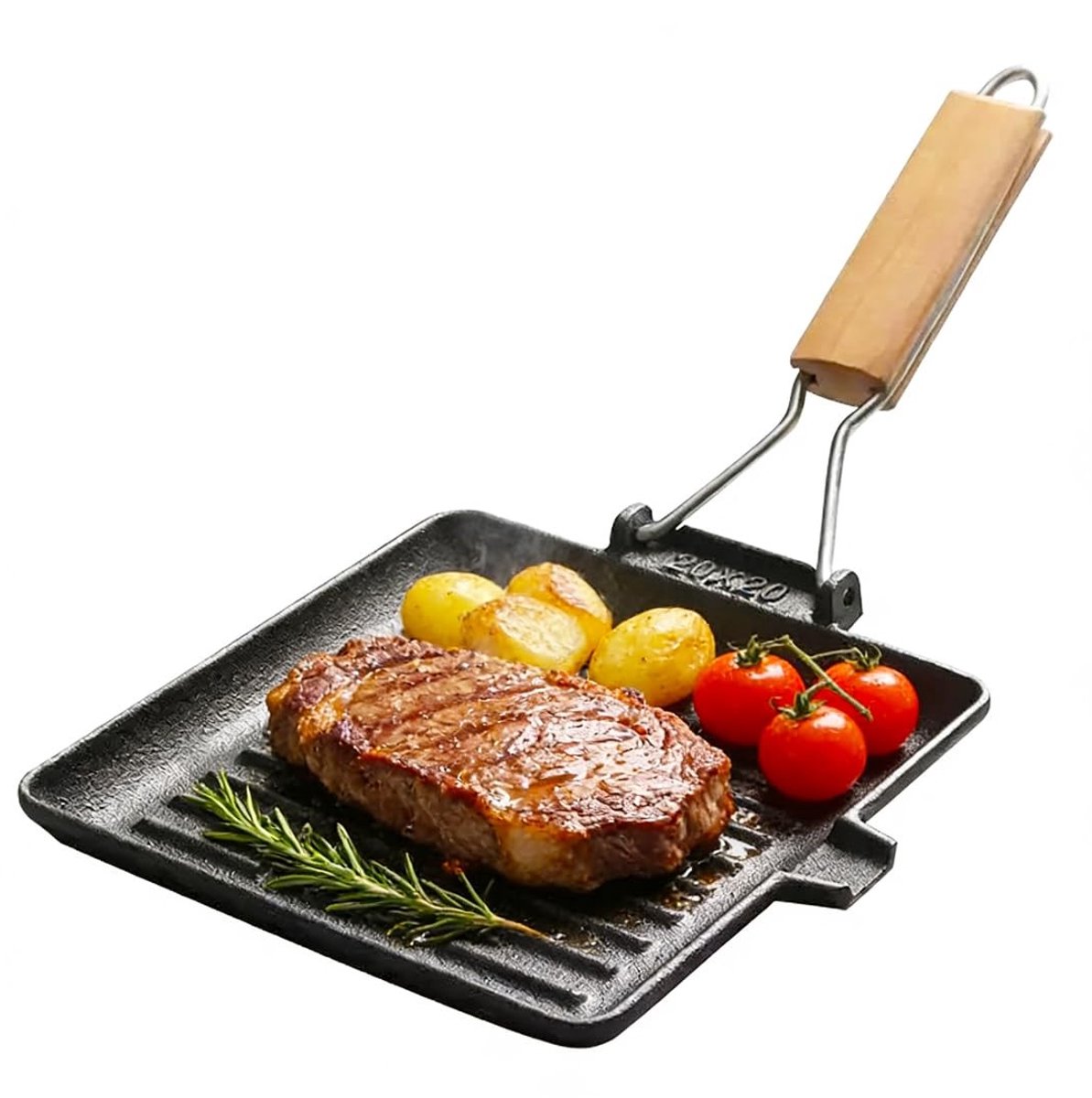 Omgoods - Gietijzeren Steakpan met Houten Handvat, 20 x 20 cm