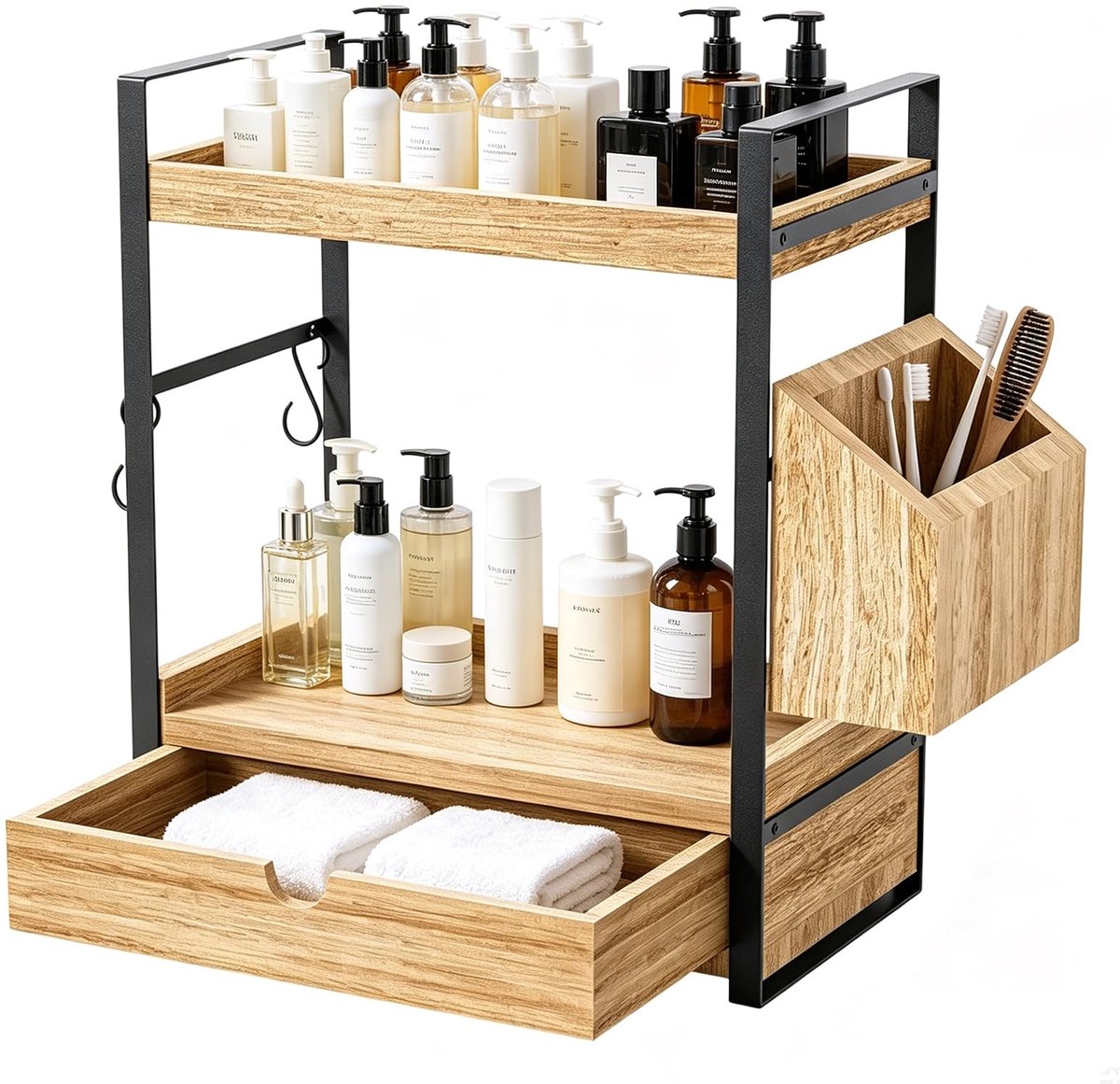 Omgoods - Badkamer Organizer met 2 Niveaus en Haken - Multifunctioneel Houten Rek